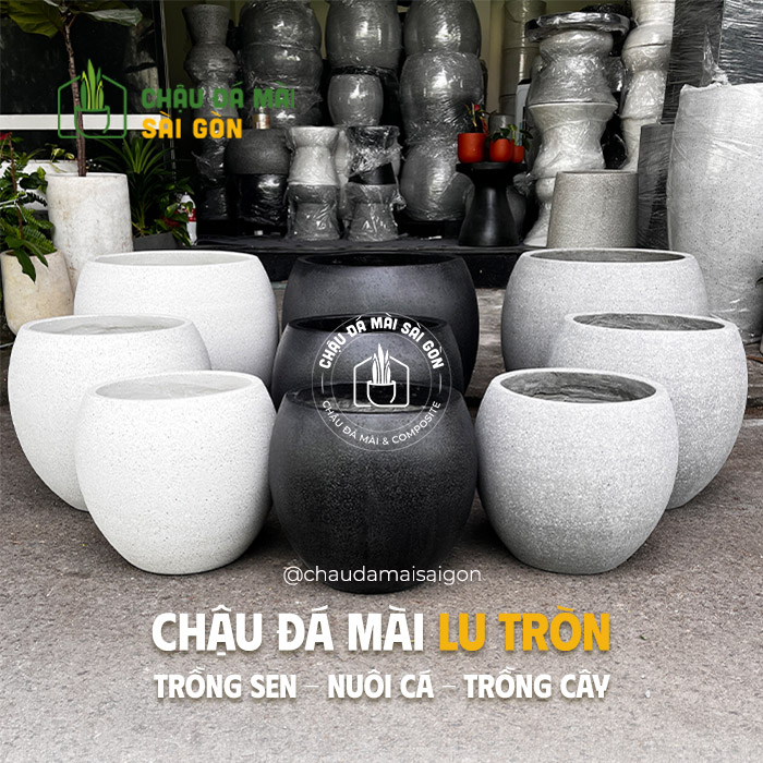 Chậu Đá Mài Tròn | Chậu xi măng đá mài lu tròn nuôi cá 5 Chậu nuôi cái, chậu trồng sen
